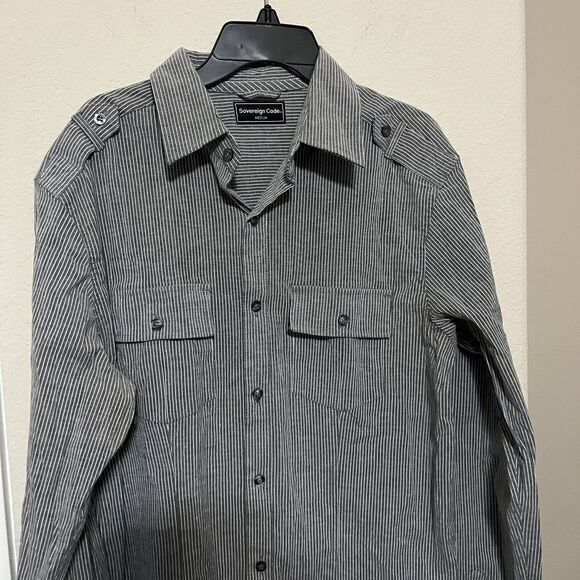 Sovereign Code Shirt Mens M Military Grey Pinstripe Button Up Collar Long Sleeve - Picture 2 of 8